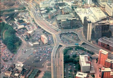 (Photo of Masshouse Circus, Birmingham, a concrete urban expressway that strangled the citycentre before its redevelopment in 2003, by Birmingham City Council)