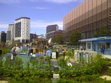 (Visitors to Birmingham's new Eastside city park which connects the city centre and train stations to the Eastside learning district)
