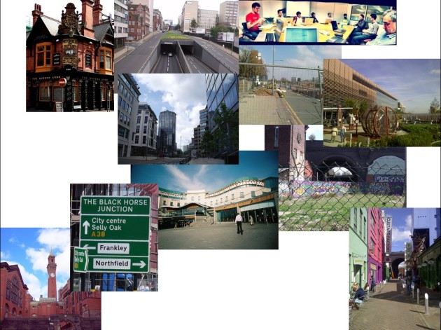 (A collage of photographs of some of Birmingham's value-creating districts, placed in relation to some of the spatial characteristics of the city that divide them).