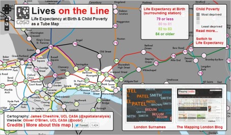 ("Lives on the Line" by James Cheshire at UCL's Centre for Advanced Spatial Analysis, showing the variation in life expectancy and correlation to child poverty in London. From Cheshire, J. 2012. Lives on the Line: Mapping Life Expectancy Along the London Tube Network. Environment and Planning A. 44 (7). Doi: 10.1068/a45341)