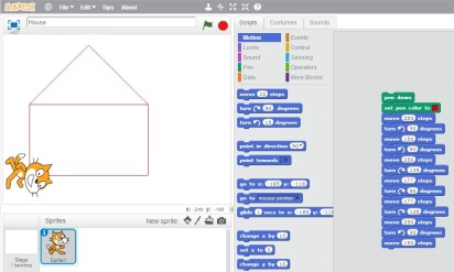 (The programme I helped my 6-year old son write using MIT's "Scratch" language to draw a picture of a house)